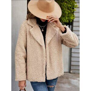 Womens NWOT Beige Sherpa Fleece open front Jacket oversized warm size small